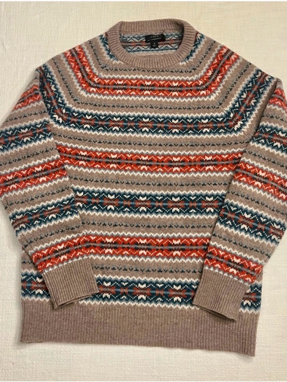 J. Crew Tan Crewneck Lambswool Sweater with Red and Blue Fair Isle Pattern sz S